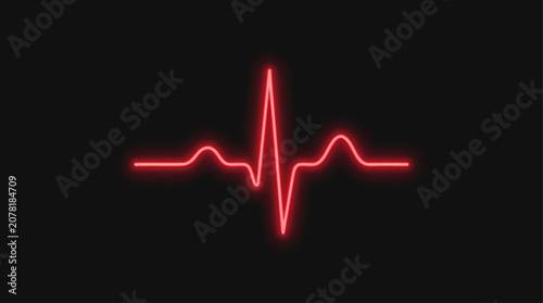Simple red glowing ECG heartbeat icon isolated on dark background, medical pulse waveform illustration.