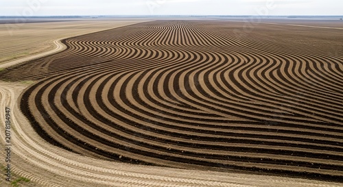 Aerial View of Curved Agricultural Fields in a Rural Landscape.