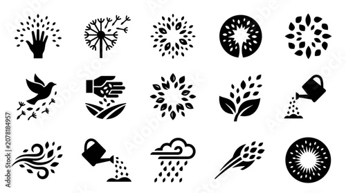 Konstfotografi Nature and Growth Icons: Hand, Dandelion, Leaves, Tree, Bird, Seed, Water Can, R