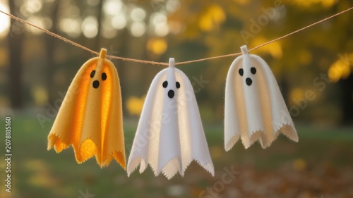 Three cute ghost decorations (one yellow, two white) hanging on a string outdoors in an autumn park.