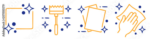 Fotografie Cleaning icons with sparkles and a hand wiping a surface for hygiene concepts