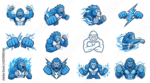 Canvas Print Electric blue muscular gorilla mascot character icons.