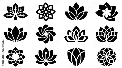 Fotografía Set of 12 Black Lotus Flower Icons and Abstract Floral Designs