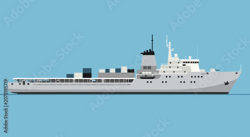 Modern Cargo Ship Illustration, Container Vessel, Maritime Transport, Blue Background