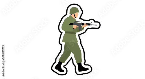 Soldier in uniform with rifle, flat illustration, walking pose, isolated on white