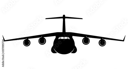 Silhouette of a large cargo airplane flying, front view