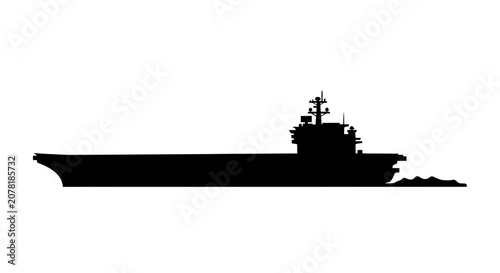 Silhouette of an aircraft carrier sailing on the sea, isolated on white background.