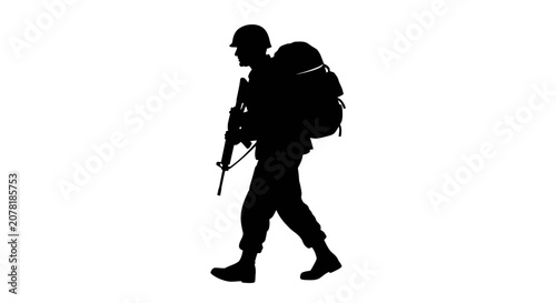 Soldier Silhouette with Rifle and Backpack Walking
