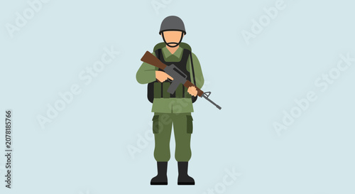 Soldier with Rifle, Military Uniform, Standing Guard, Flat Design Illustration