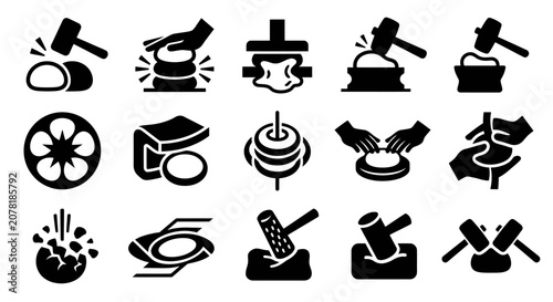 Bild auf Leinwand Metalworking Black Icons: Hammering, Shaping, Forging, And Crafting Metal Object
