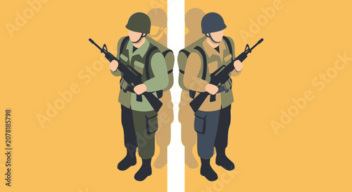 Two Soldiers Standing Back to Back Holding Rifles, Military Concept