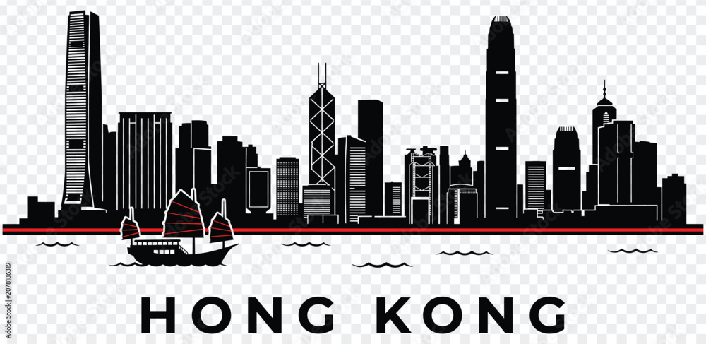Obraz premium Hong kong city skyline silhouette with traditional junk boat and famous landmarks