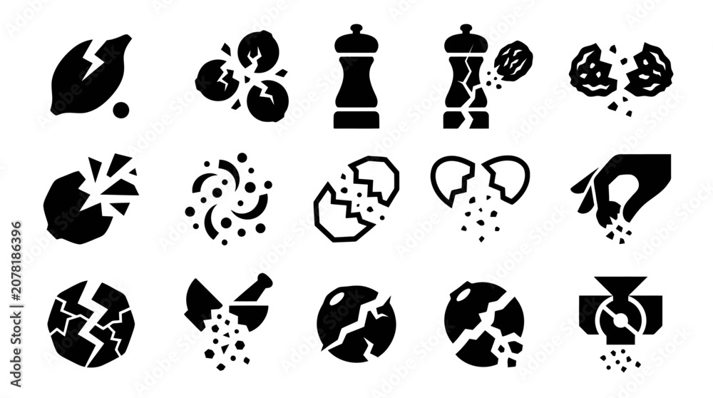 Fototapeta premium Food Spices Icons: Pepper, Salt, Nuts, Mortar, Grinder, Seeds, Crumbs