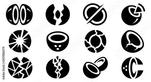 Tableau sur toile Coconut Icons: Halved, Cracked, Sliced, and Whole Fruit Shapes