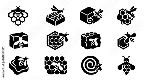 Photography Bee and Honeycomb Icons: Collection of Stylized Illustrations
