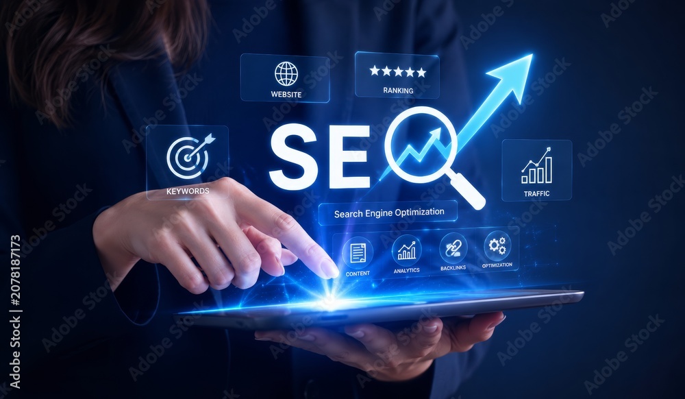 Obraz premium Hands touching glowing SEO text with upward arrow and search icons on digital tablet interface