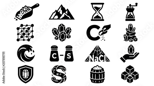 Foto Salt Icons: Crystals, Grinder, Shaker, Wave, Mountains, Molecule, Hourglass