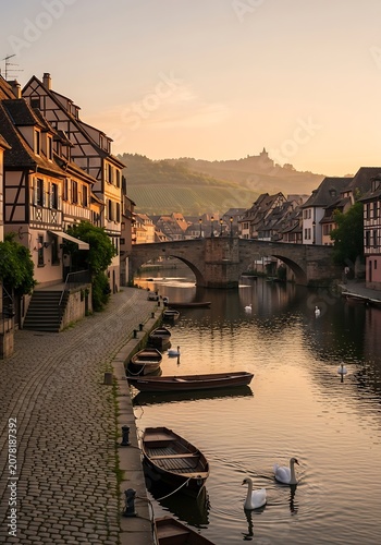 Scenic View of Historic European Town by River at Sunset.