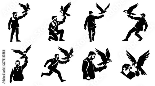 Tableau sur toile Falconry Man Holding Bird of Prey Silhouette Set