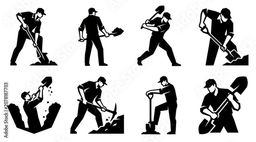 Valokuva Worker Digging Icons Set: Shoveling, Excavating, Construction, Manual Labor Silh