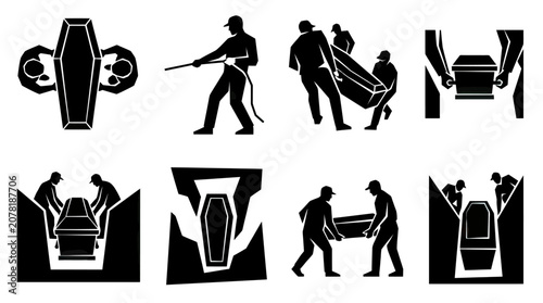 Schilderij op canvas Funeral procession icons: Carrying, lowering, and burying coffins with pallbearers and gravediggers