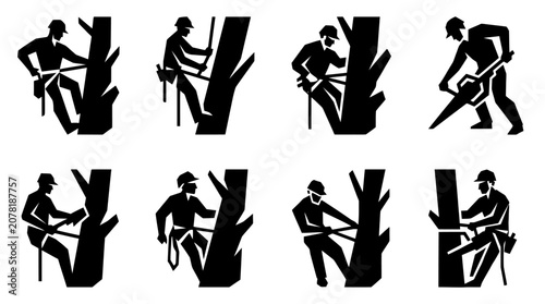 Arborist Tree Cutting Icons Set: Climbing, Sawing, Pruning, Safety Gear