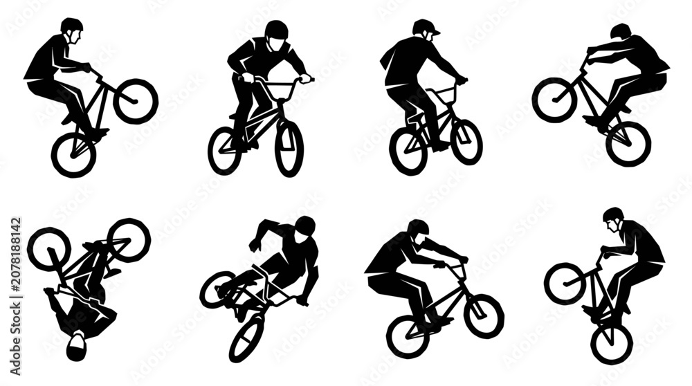 Obraz premium BMX Rider Silhouettes: Extreme Sports Bicycle Tricks Set