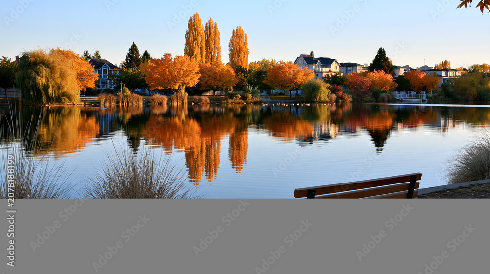 Obraz premium Peaceful Bench by a serene lake surrounded by autumn foliage