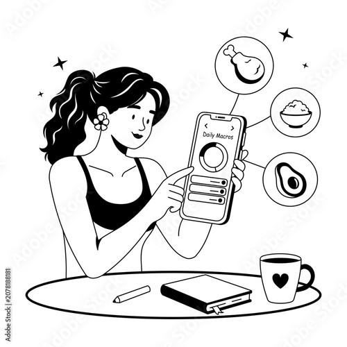 A woman using a nutrition app with food icons.