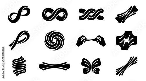 Foto Set of abstract twisted shapes, knots, and stretchable material icons on white b