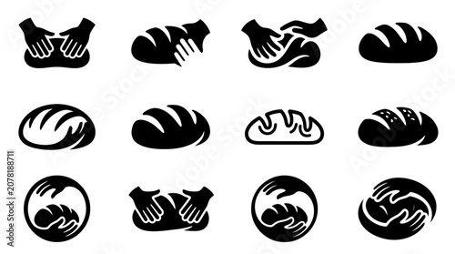 Cuadro en lienzo Bread Making Icons: Hands Kneading Dough & Baked Loaves