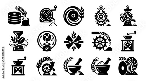 Photos Grain processing icons: mill, grinder, sifter, machinery, wheat, flour, agricult