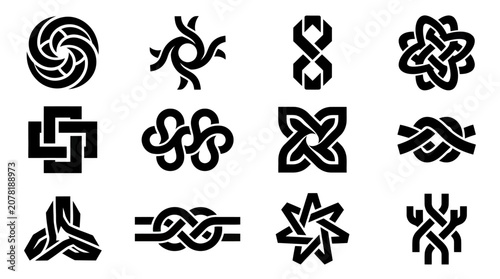 Photos Collection of Black Knot Symbols and Abstract Geometric Designs on White Backgro