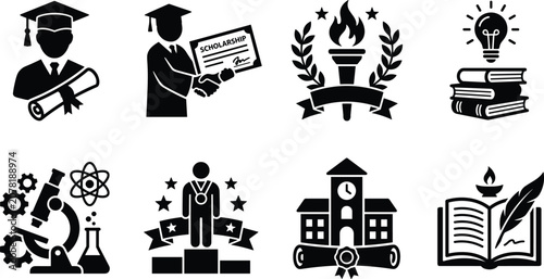 Academic Achievement and Education Excellence Black Silhouette Icon Collection for Learning and Graduation Success