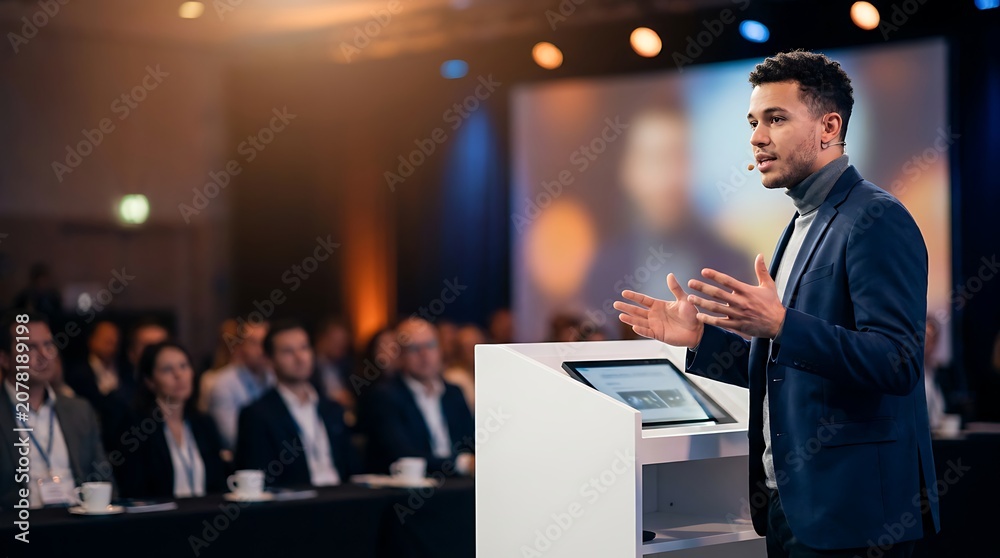 Fototapeta premium Charismatic male speaker delivering presentation on stage to engaged audience in conference hall with bright lights and projector screen in background modern business event.