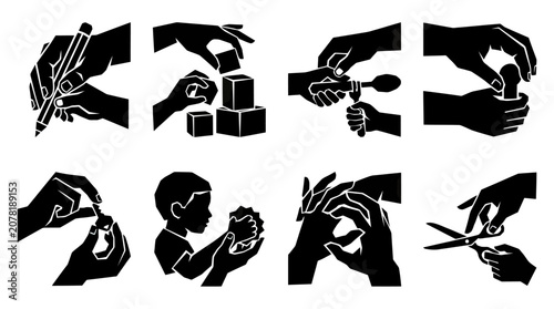 Bild auf Leinwand Set of Hand Gestures Illustrating Activities: Writing, Building, Spraying, Click