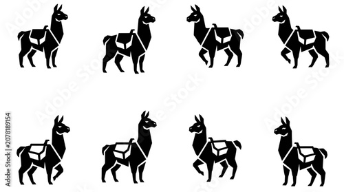 Fotografie Black Silhouette Llamas with Saddle Bags, White Background