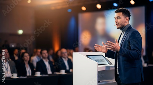 Charismatic male speaker delivering presentation on stage to engaged audience in conference hall with bright lights and projector screen in background modern business event.