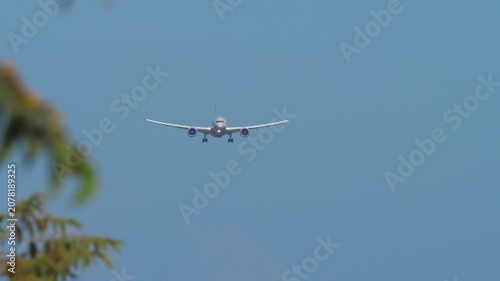 Passenger airplane flying on final landing approach in clear blue sky with landing gear down, daytime telephoto shot with green leaves in foreground