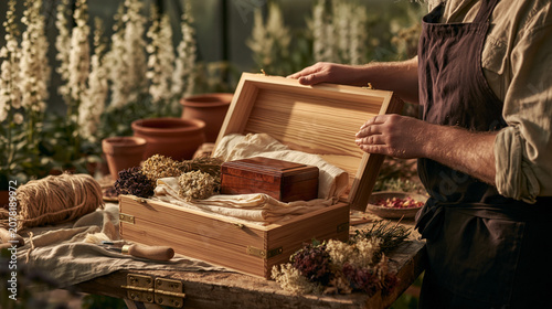 Artisan opening wooden box with dried flowers and rustic supplies on warm worktable
