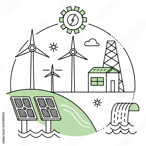Bild auf Leinwand Renewable energy sources concept illustration with wind solar and hydro