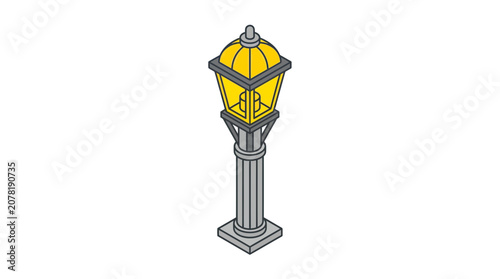 Vintage Street Lamp Post with Yellow Light, Isometric View