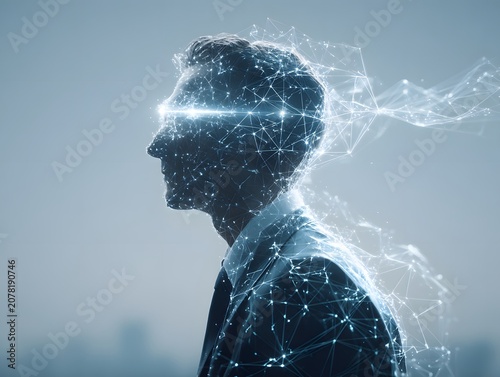 Man with glowing neural network connections emanating from head.