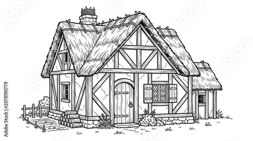 Foto Charming Tudor Style Cottage Illustration, Thatched Roof, Half-Timbered Design