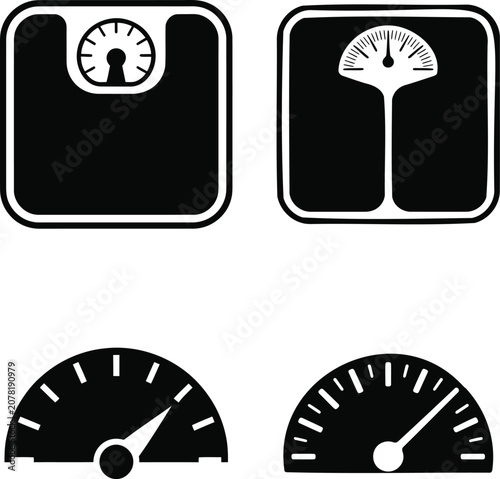 Set of bathroom scales and speedometers icons