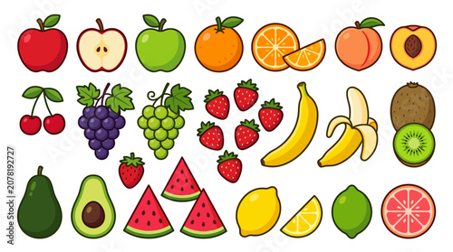 A diverse collection of colorful fresh fruit icons featuring sliced and whole healthy produce for diet and nutrition graphic design projects
