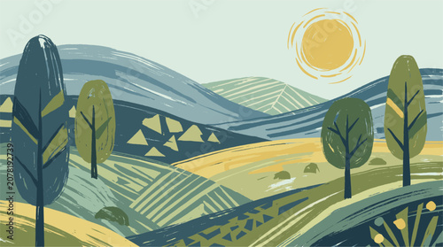 Artistic pastoral landscape featuring rolling hills and trees under a glowing sun in a textured illustration style