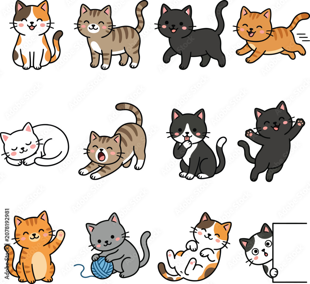 Fototapeta premium Collection Of Cartoon Cats Colorful Vector Illustration On White Background
