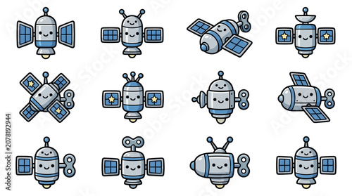 фотографія Cute cartoon wind-up satellite icons collection.