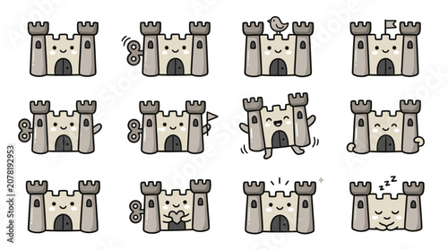 Fotografija Cute castle character icons with wind-up keys.